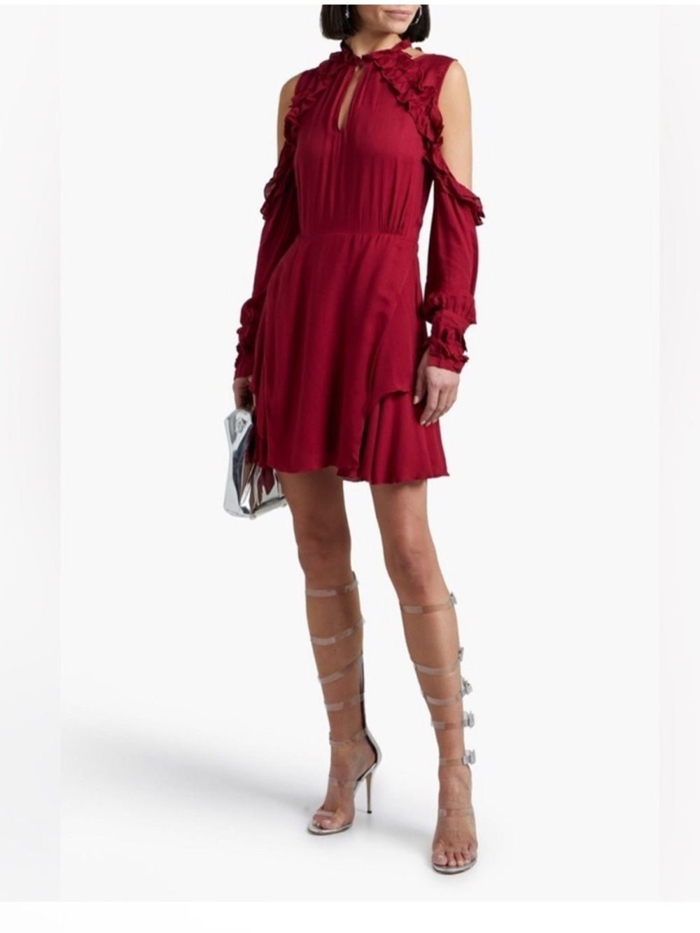 New! IRO Wine Red Cold-Shoulder Ruffle Mini Dress